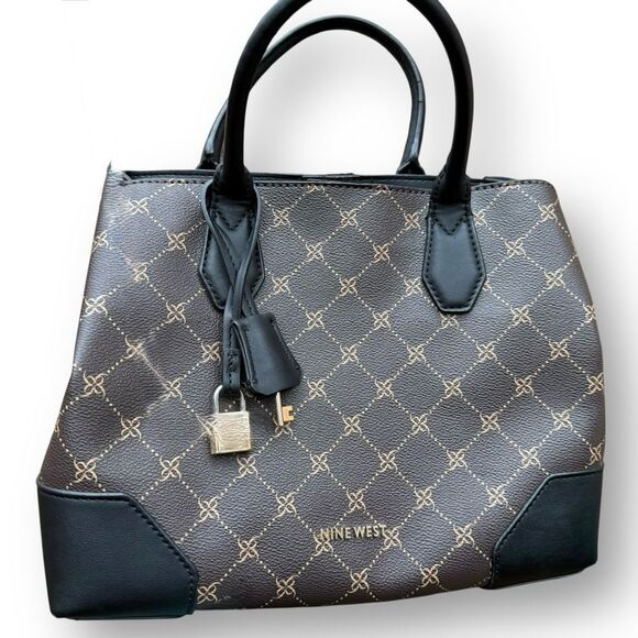 Nine West Brooklyn Jet Set Satchel Brown Black Logo Polyurethane Bag Purse Tote - Picture 9 of 9